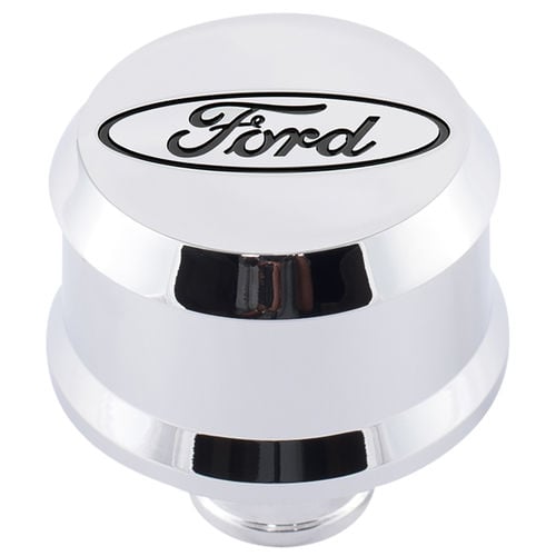Push-In Aluminum Valve Cover Air Breather Cap with Recessed Black Oval Ford Emblem in Chrome Finish