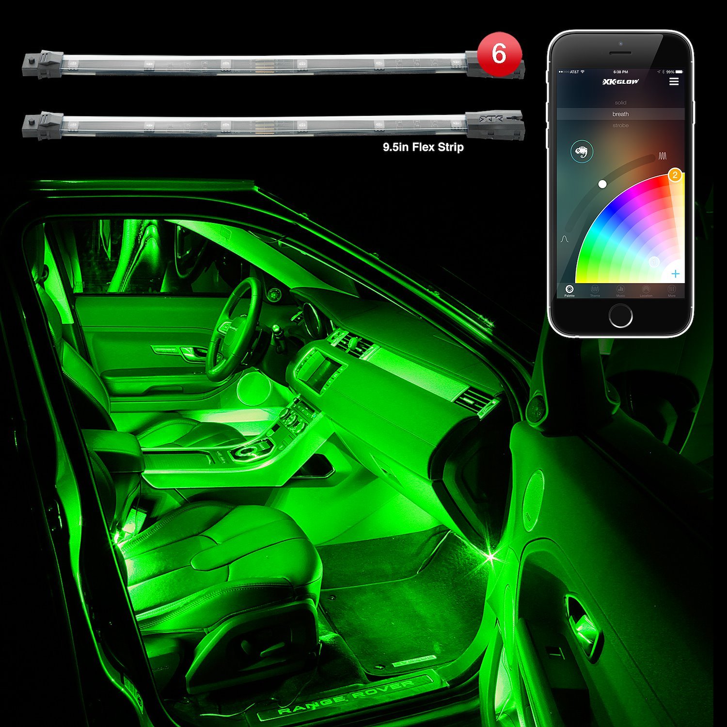 KS-CAR-MINI 6 x 10 in. Flex Strip Million Color Undercar Kit, XCHROME Smartphone App Control, Universal Fit