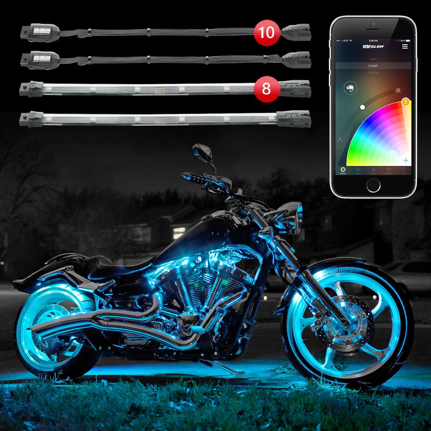 KS-MOTO-ADVANCE 10 x Pod + 8 x 10 in. Strip Million Color XKCHROME ATV/Motorcycle LED Light Kit, Universal Fit
