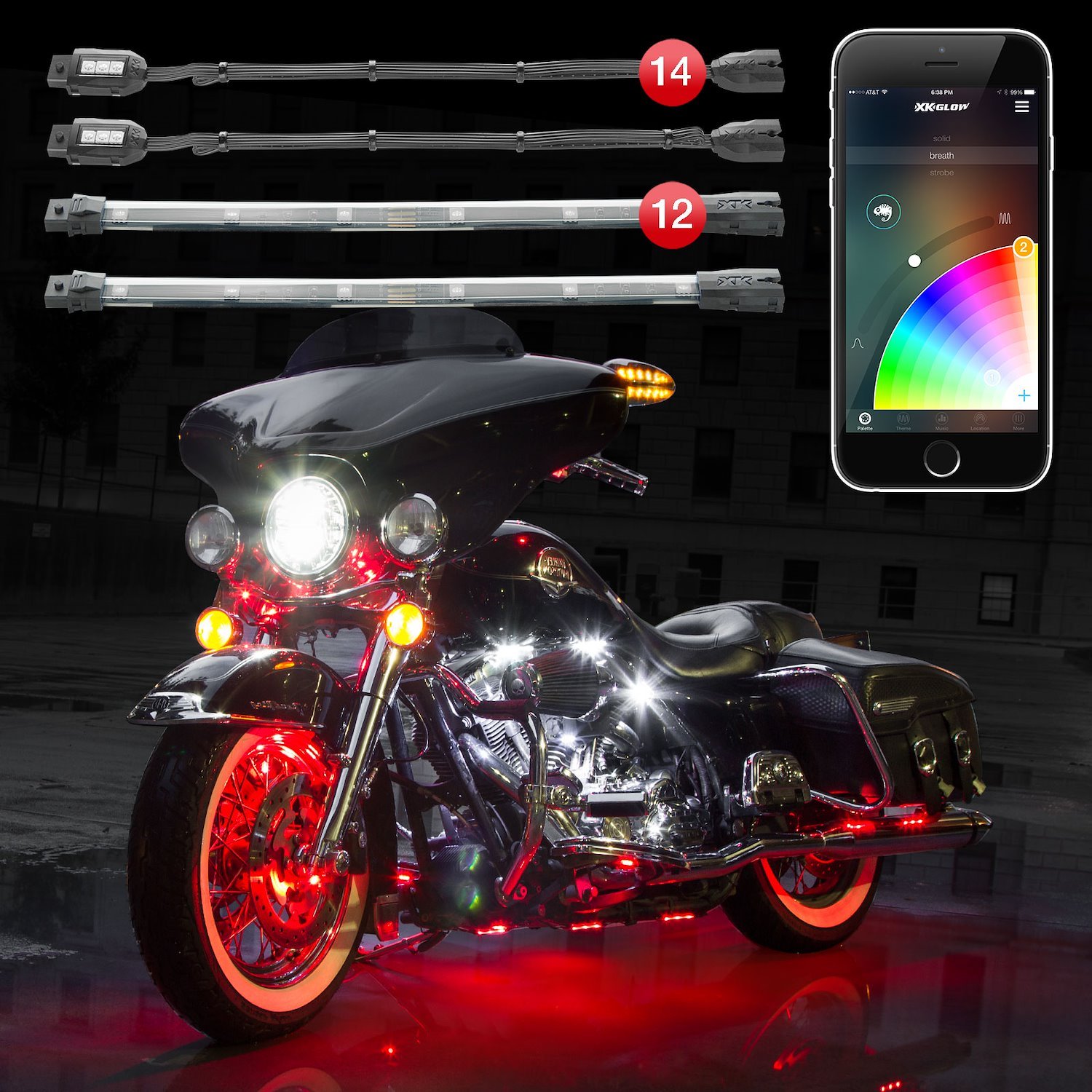 KS-MOTO-PRO 14 x Pod + 12 x 10 in. Strip Million Color XKCHROME ATV/Motorcycle LED Accent Light Kit, Universal Fit