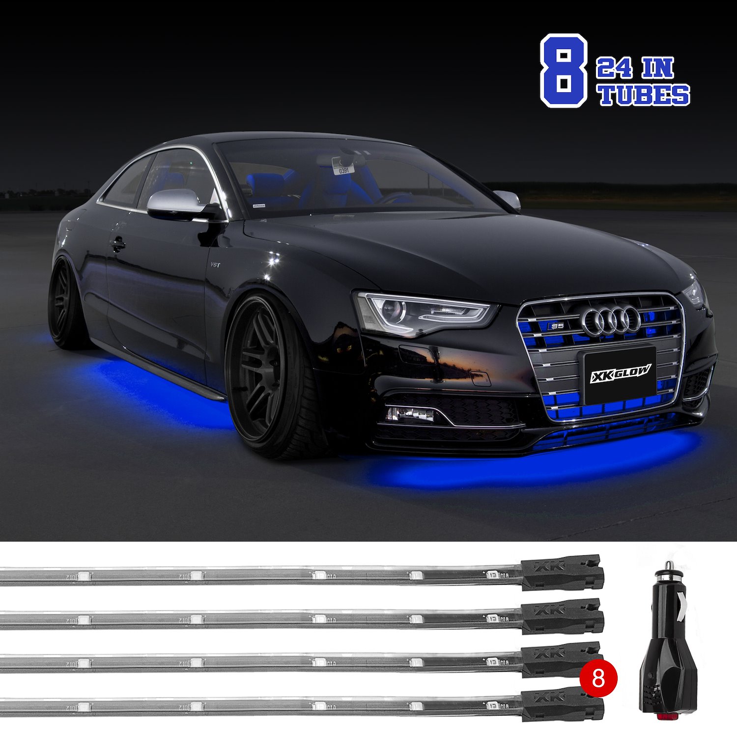 XK041002-B 8 x 24 in. Tube XKGLOW Underglow LED Accent Light Car/Truck Kit, Single-Color Blue, Universal Fit