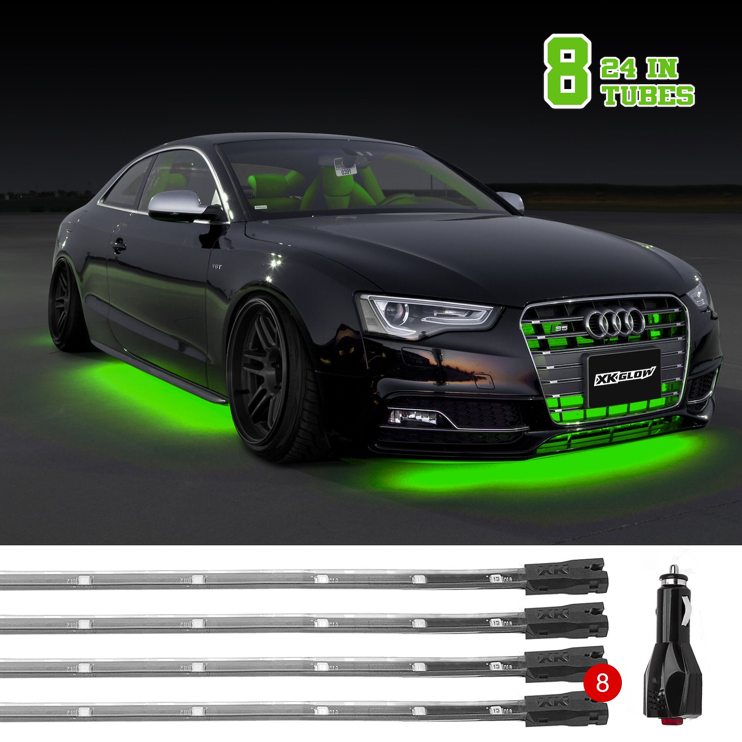 XK041002-G 8 x 24 in. Tube XKGLOW UnderglowLED Accent Light Car/Truck Kit, Sinlge-Color Green, Universal Fit