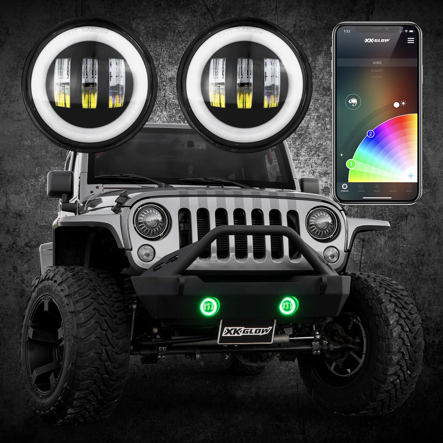 XK042010-B 4 in. Black RGB LED Fog Light Kit, w/ XKCHROME Bluetooth App Control, 2007-2018 Jeep Wrangler JK