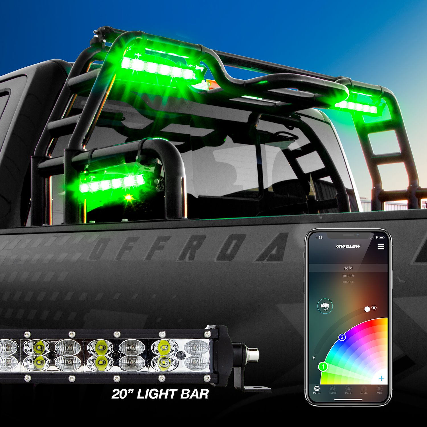 XK-BAR-20 20 in. RGBW Light Bar, High-Power Offroad Work/Hunting Light, w/Built-in XKCHROME Bluetooth Controller, Universal Fit