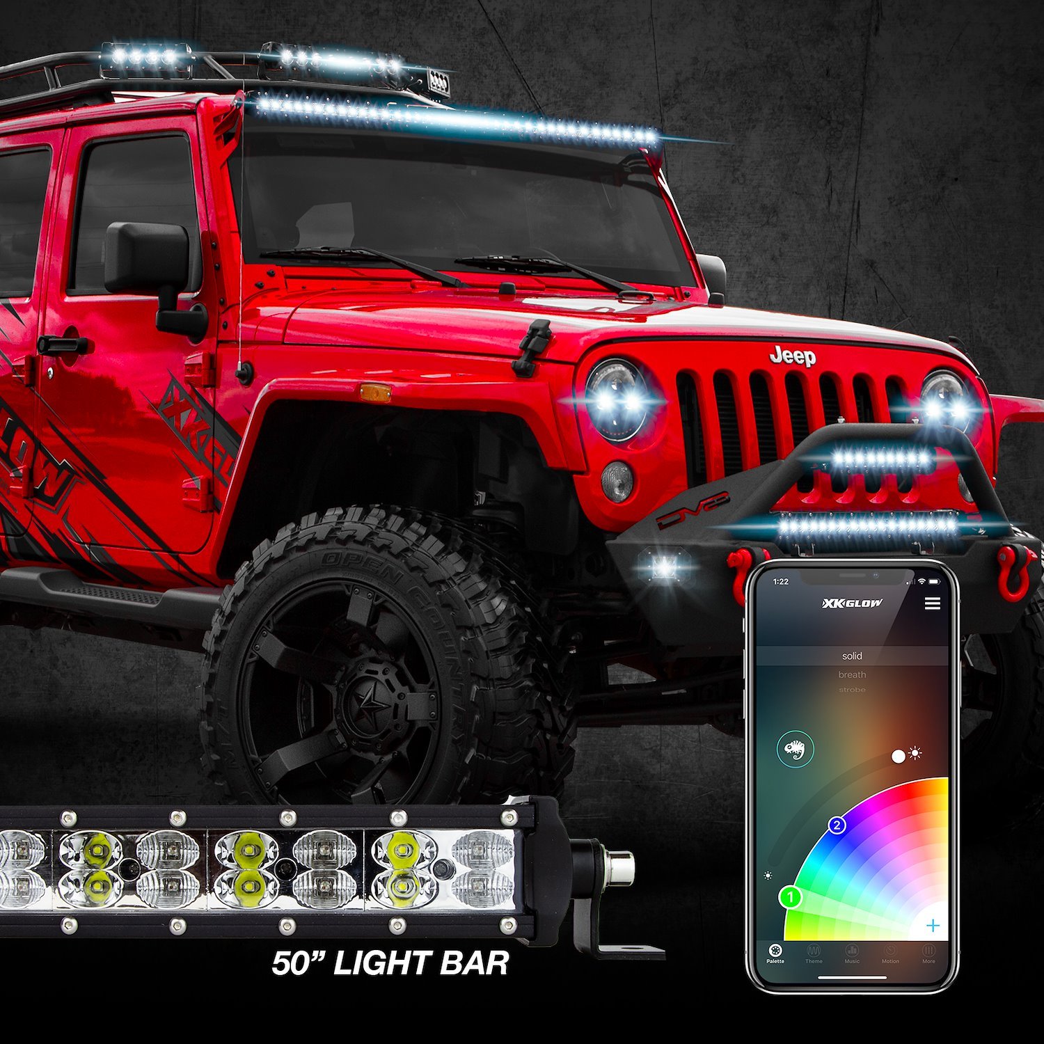 XK-BAR-50 50 in. RGBW Light Bar, High-Power Offroad Work/Hunting Light, w/Built-in XKCHROME Bluetooth Controller, Universal Fit