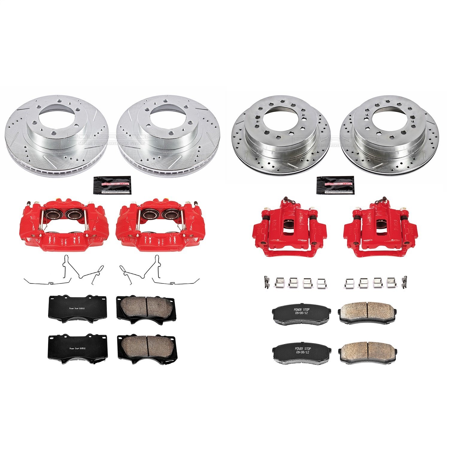 2 Quiet Low Dust 4 FRONT Powder Coated Red 2 Calipers + Ceramic Pads Performance Kit Rotors 