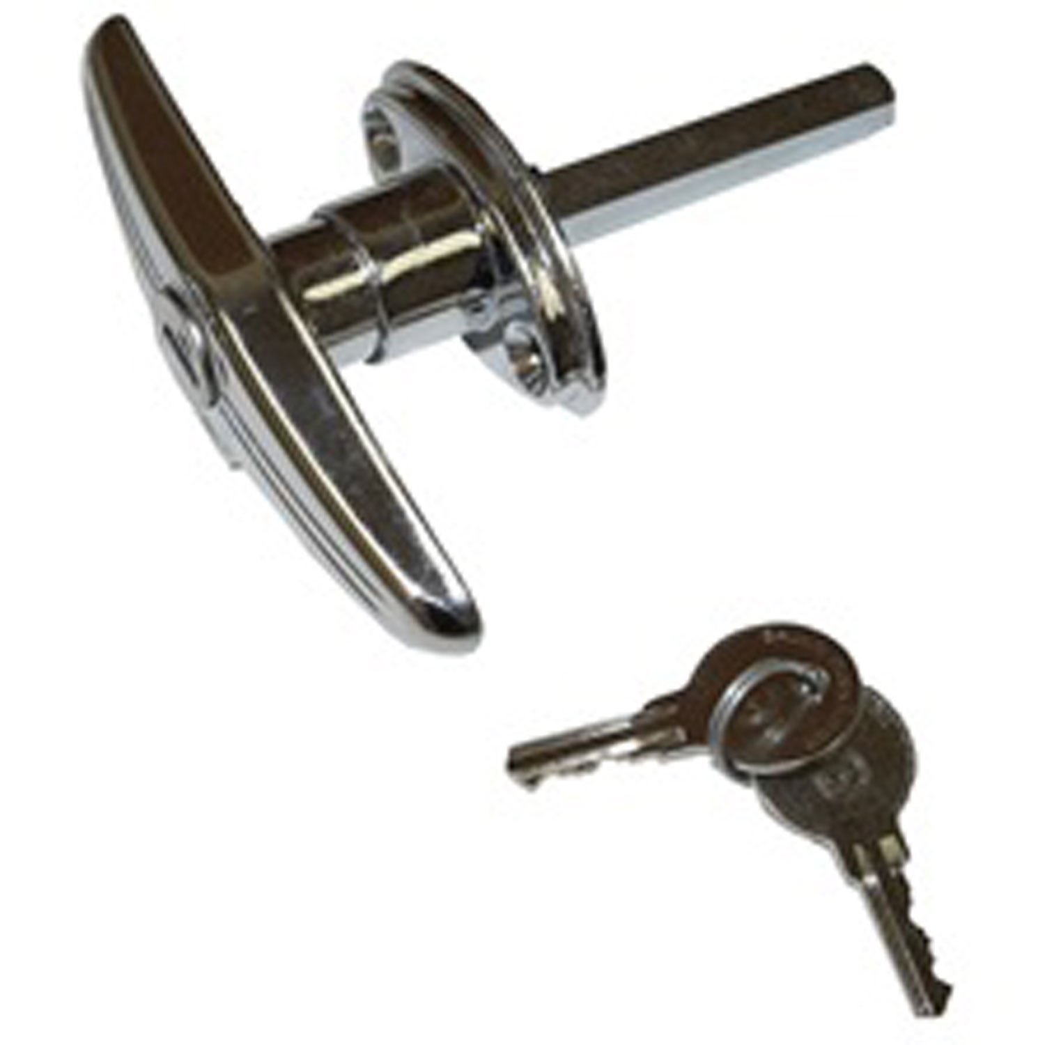 This chrome locking liftgate t-handle from Omix-ADA fits 77-83 Jeep CJ5 77-86 Jeep CJ7 and 81-86 Jeep CJ8. Keys included.