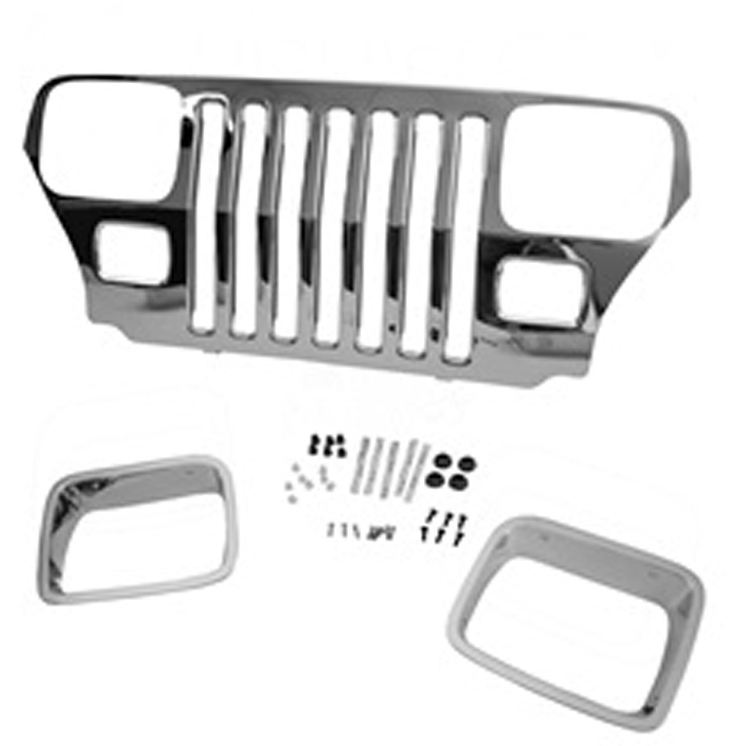 This chrome grille overlay from Mopar fits 87-95 Jeep Wrangler YJ .