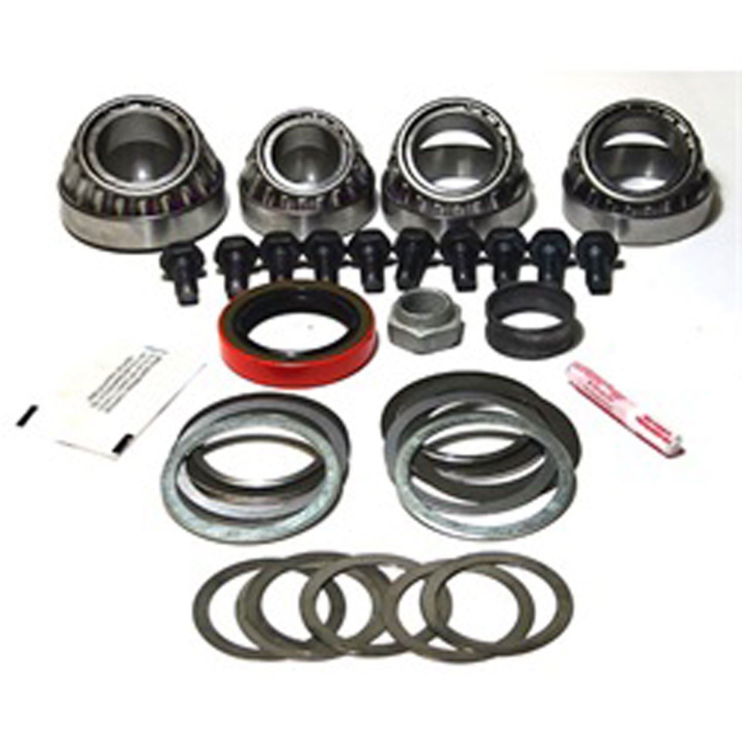 This differential rebuild kit for Dana 35 rear axles includes all bearings seals shims and hardware.