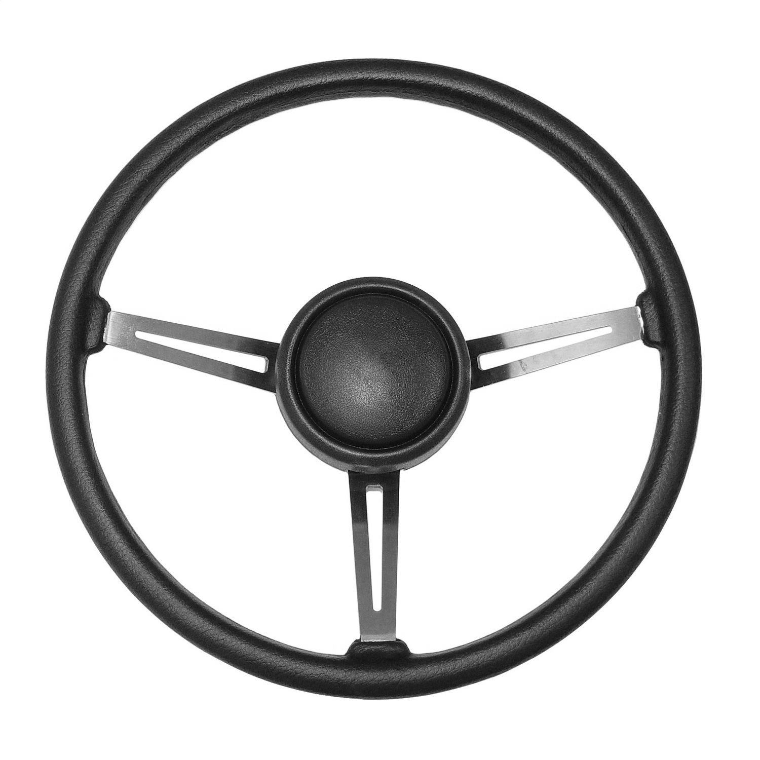 This black vinyl steering wheel kit from Omix-ADA fits 76-95 Jeep CJs & Wranglers. Includes the steering wheel and horn button.