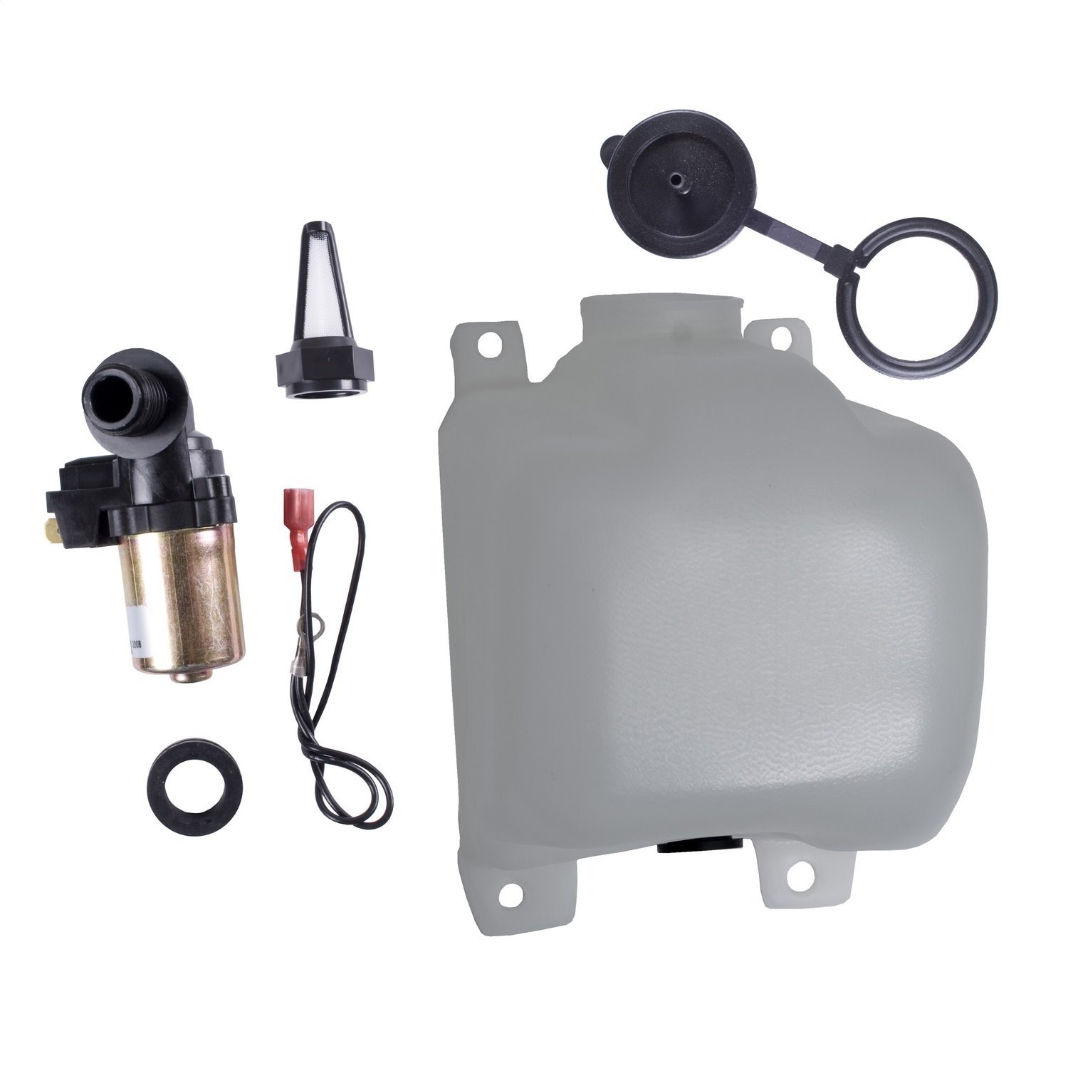 This OEM washer bottle kit from Omix-ADA includes the bottle pump cap gasket and filter fits 72-86 Jeep CJ5 CJ7 and CJ8.