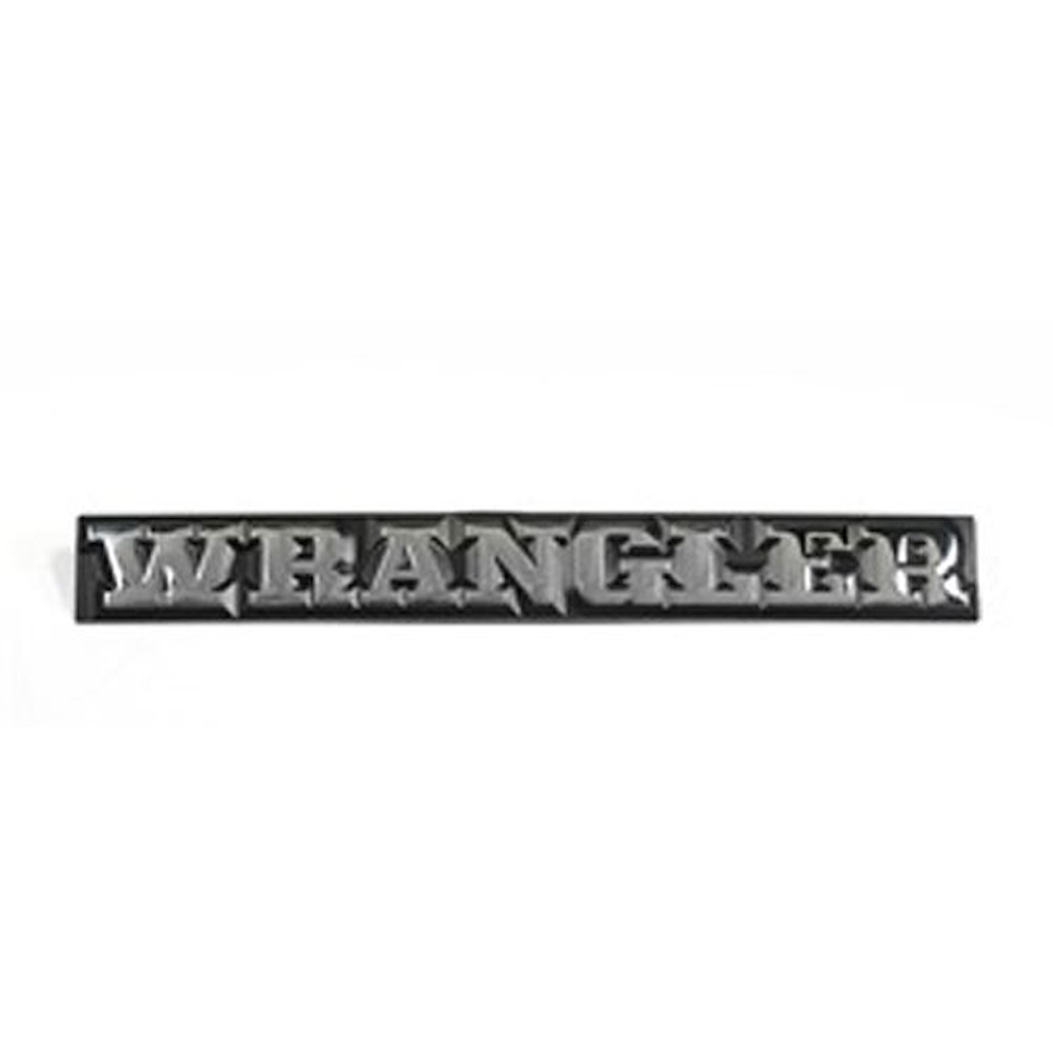Black andChrome replacement WRANGLER emblem from Omix-ADA, Fits 87-90 Jeep Wrangler Used on rear quarter panels.