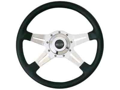 LeMans Steering Wheel Black Hand Stitched Leather Grained Vinyl Grip Slotted 4-Spoke - Polished Aluminum 14" Diameter