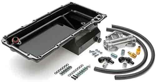 LS Swap Oil Pan/Filter Combo Kit for Chevelle, GM F-Body, GM X-Body [Double Filter, Horizontal Port, Black Pan]