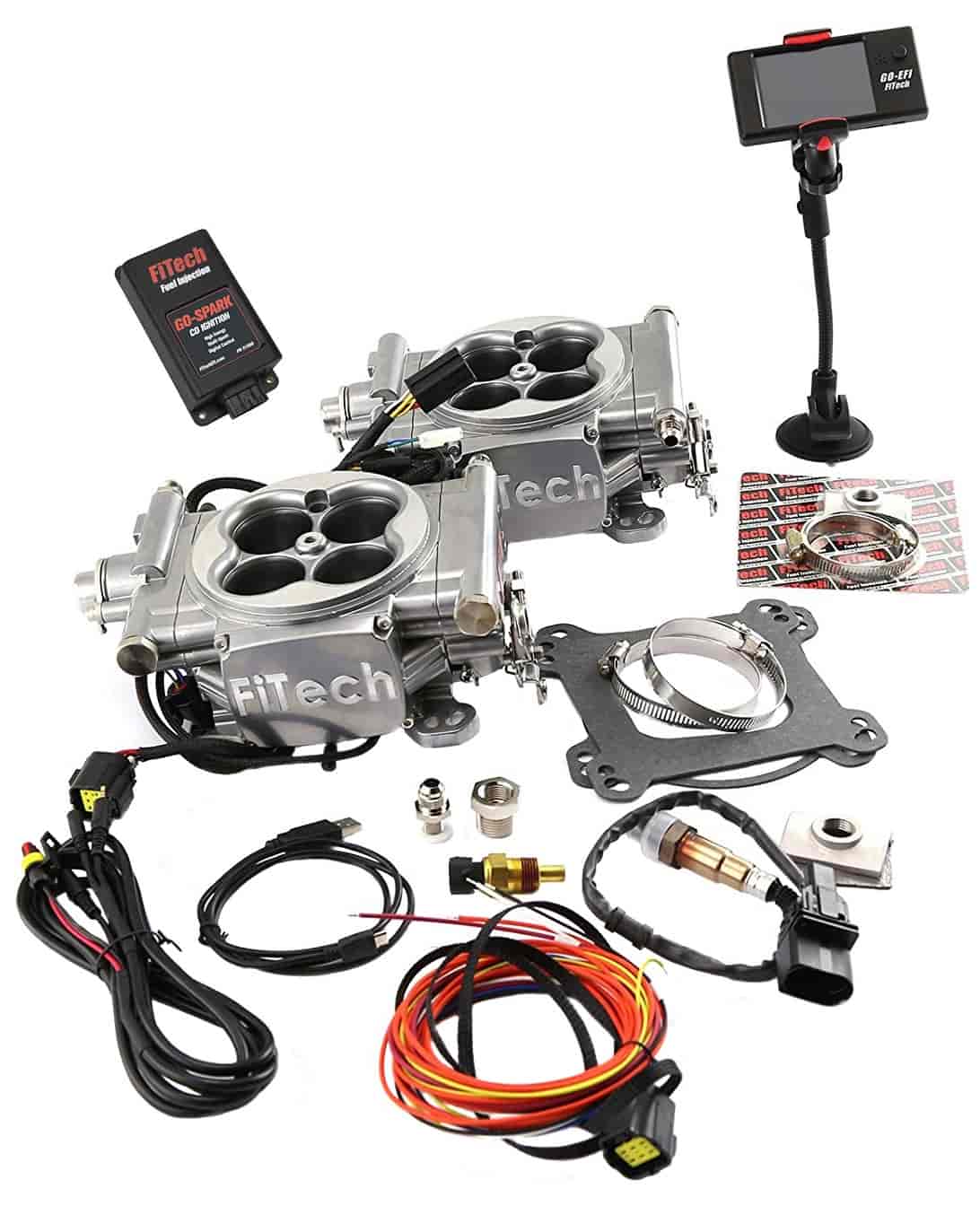 Go EFI 2x4 625 HP Dual Quad Throttle Body Fuel Injection Master Kit [With Inline Fuel Pump & CDI Box] Bright Aluminum