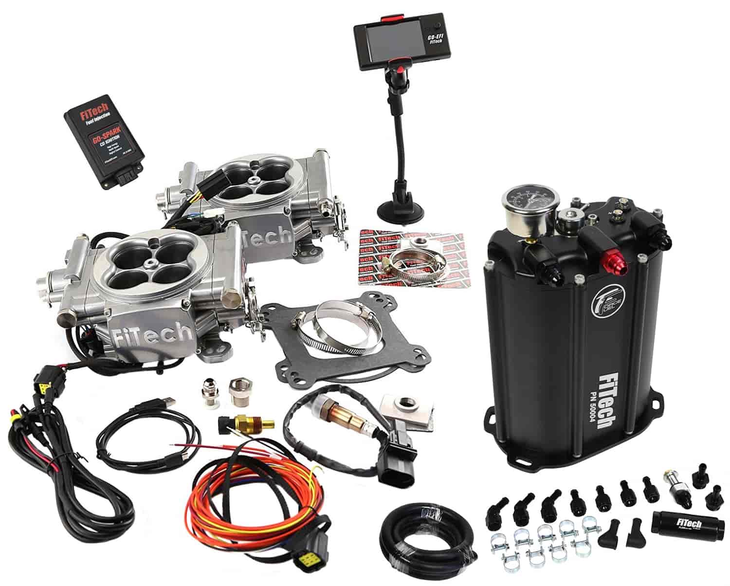 Go EFI 2x4 625 HP Dual Quad Throttle Body Fuel Injection Master Kit [With Force Fuel System & CDI Box] Bright Aluminum