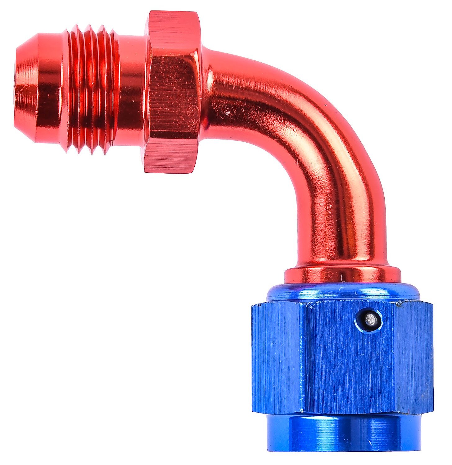 Red and Blue -6 AN Male to -6 AN Female Coupler [90 degree]
