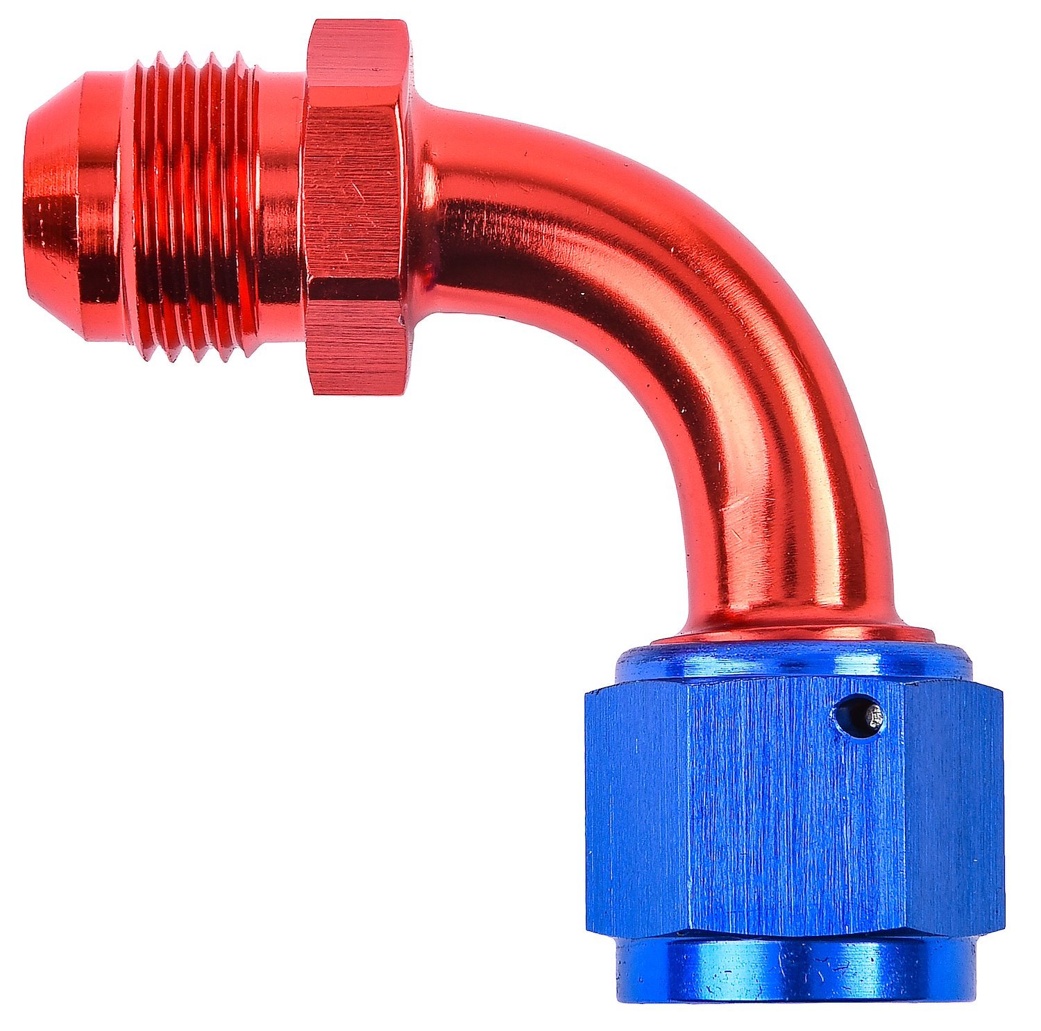 Red and Blue -8 AN Male to -8 AN Female Coupler [90 degree]