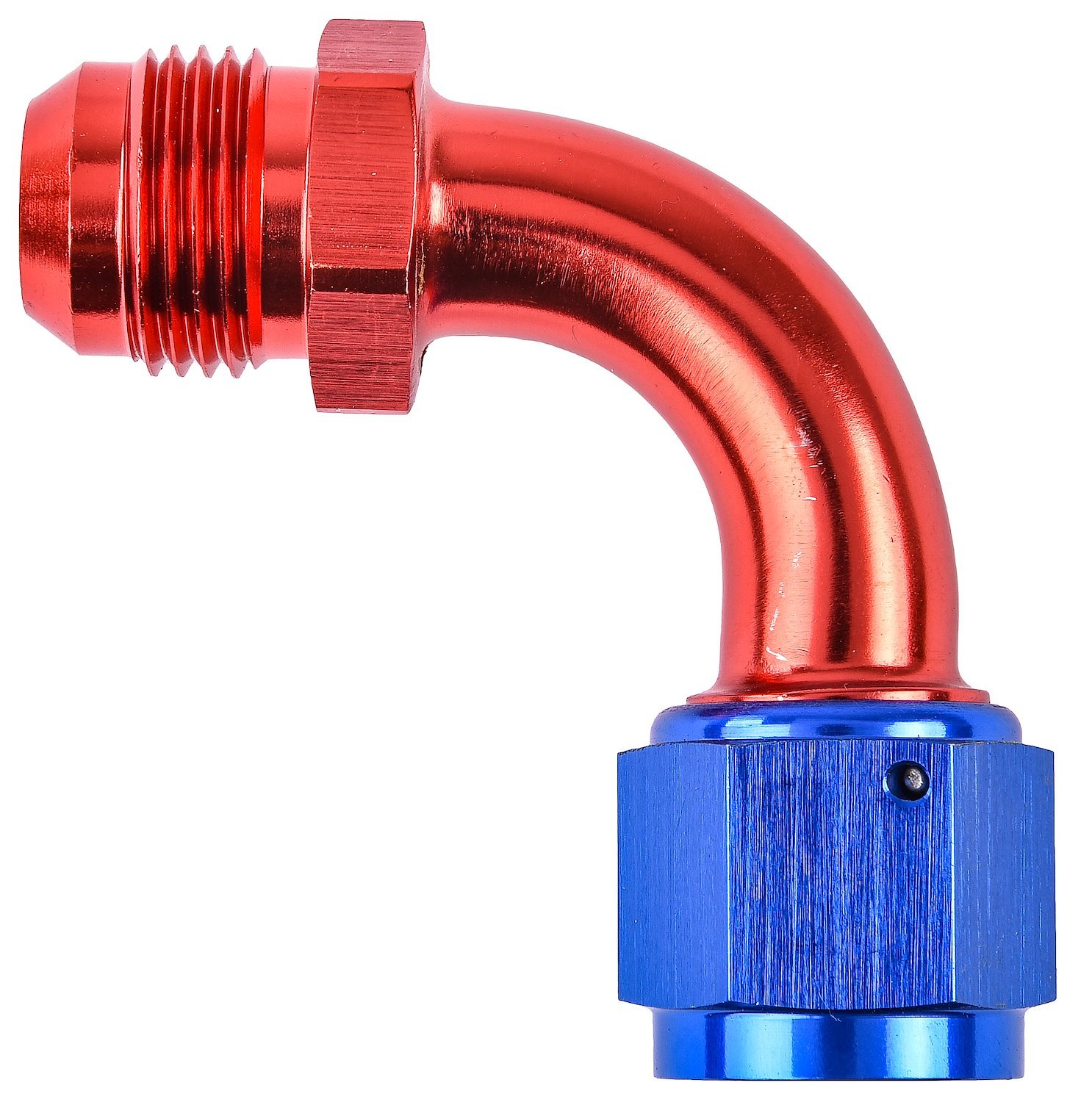 Red and Blue -10 AN Male to -10 AN Female Coupler [90 degree]