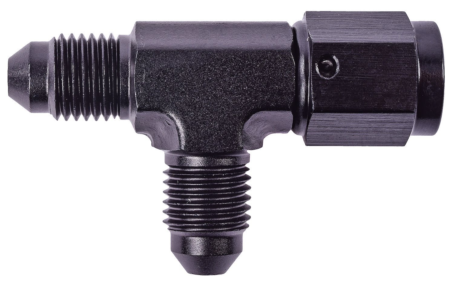 AN to AN Tee Adapter Fitting [-3 AN Female Swivel to -3 AN Male Run with -3 AN Male Center Port, Black]
