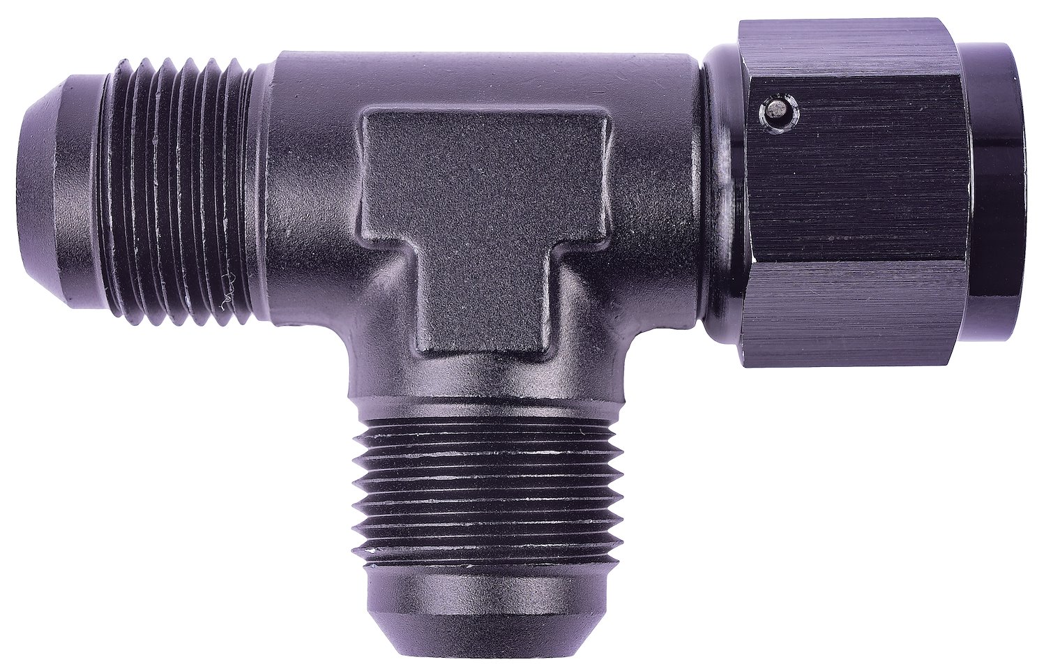 AN to AN Tee Adapter Fitting [-10 AN Female Swivel to -10 AN Male Run with -10 AN Male Center Port, Black]