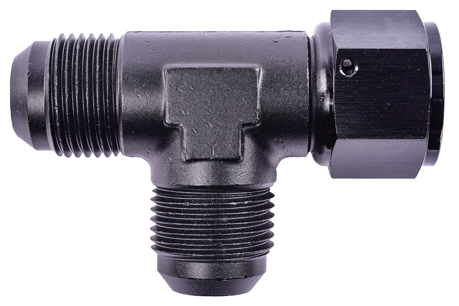 AN to AN Tee Adapter Fitting [-12 AN Female Swivel to -12 AN Male Run with -12 AN Male Center Port, Black]