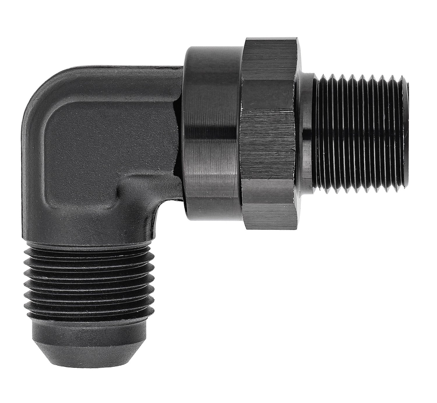 AN to NPT 90-Degree Max Flow Swivel Adapter Fitting [3/8 in. NPT Male to -8 AN Male, Black]