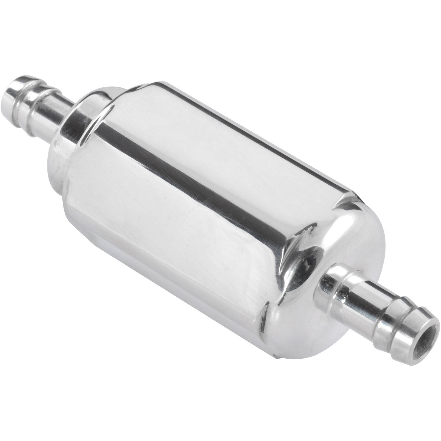 Compact Billet Aluminum In-Line Fuel Filter, 2 5/16 in. Long [3/8 in. Male/Male Hose Barb, Polished]