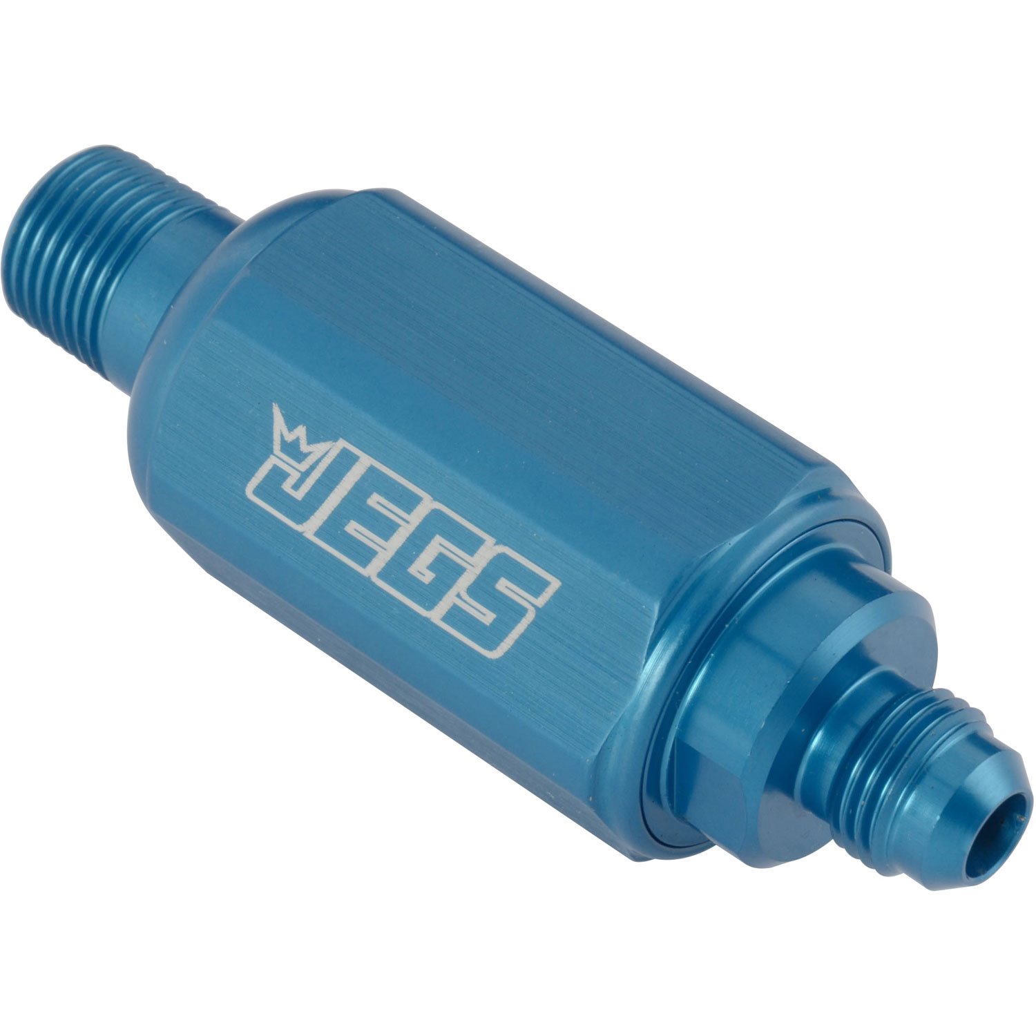 Compact Billet Aluminum In-Line Fuel Filter, 2 5/16 in. Long [3/8 in. NPT Male to -6 AN Male, Blue]