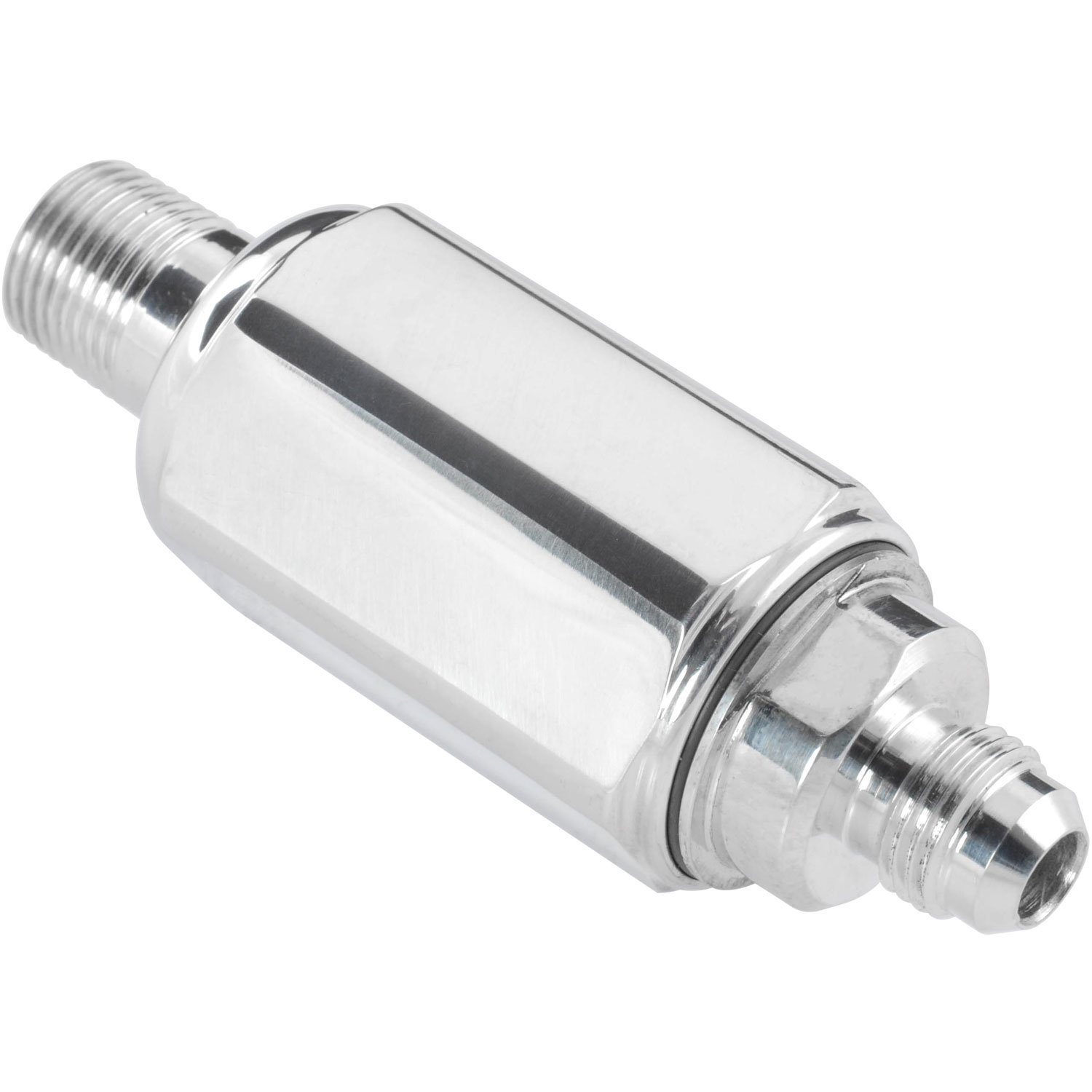 Compact Billet Aluminum In-Line Fuel Filter, 2 5/16 in. Long [3/8 in. NPT Male to -6 AN Male, Polished]