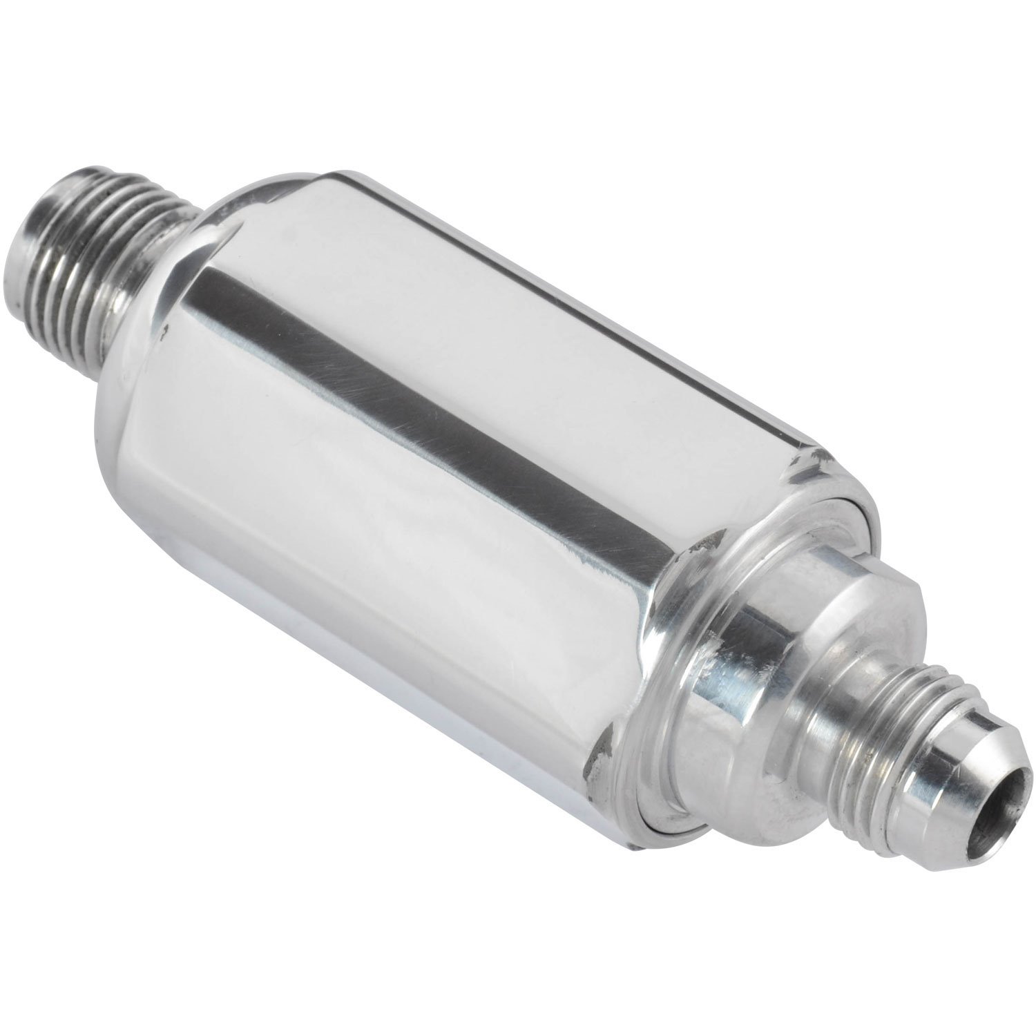 Compact Billet Aluminum In-Line Fuel Filter, 2 5/16 in. Long [5/8 in.-18 Inverted Flare Male to -6 AN Male, Polished]
