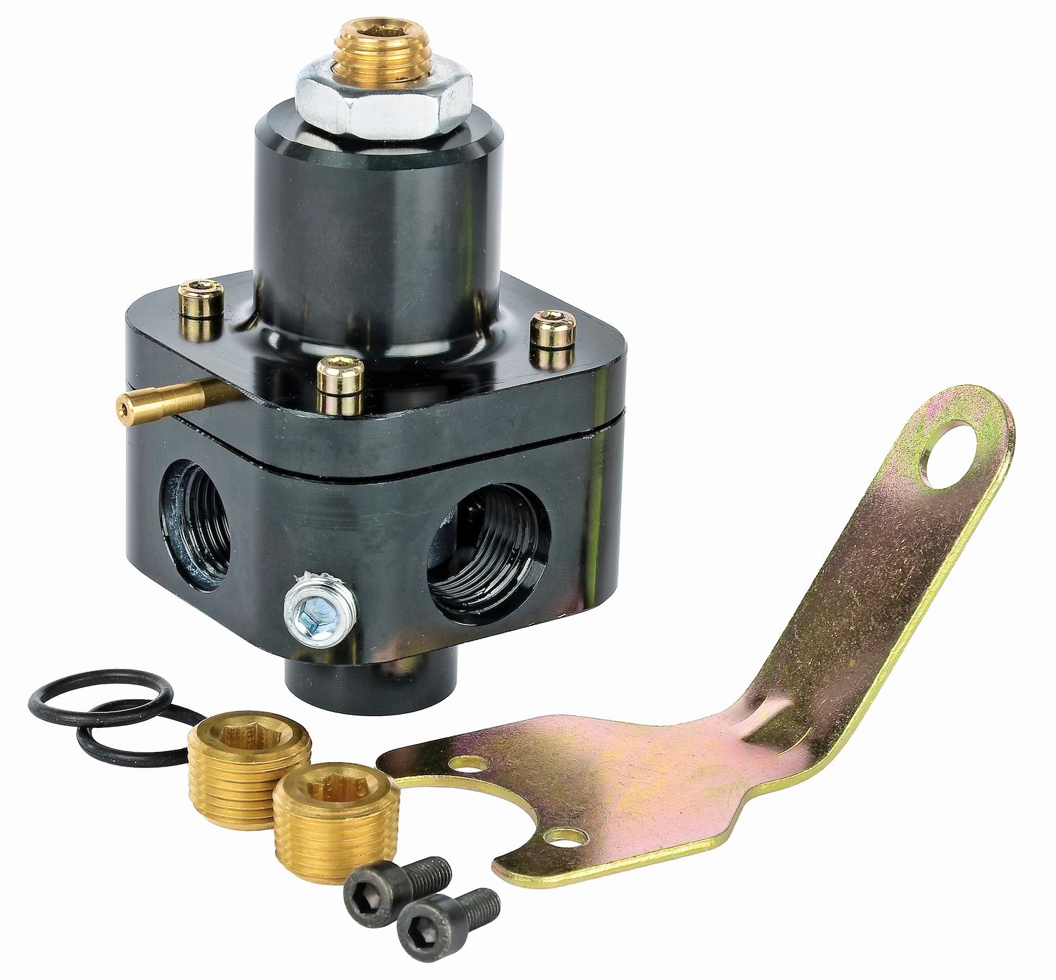 JEGS 159120: Fuel Pressure Regulator EFI Black Anodized 30-100 PSI  Ports: (1) Vacuum/Boost Reference, (2) -08AN O-Ring [Inlet/Return] (3)  3/8 in. NPT Outlets (side),  (1) 1/8 in. NPT Gauge Port Sold  Individually JEGS