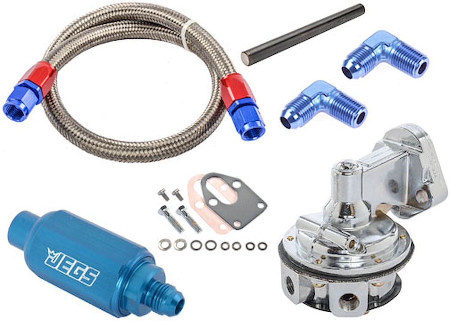 Mechanical Fuel Pump & Installation Kit for Small Block Chevy 265-283-327-350-400 [80 gph, Blue Fittings]