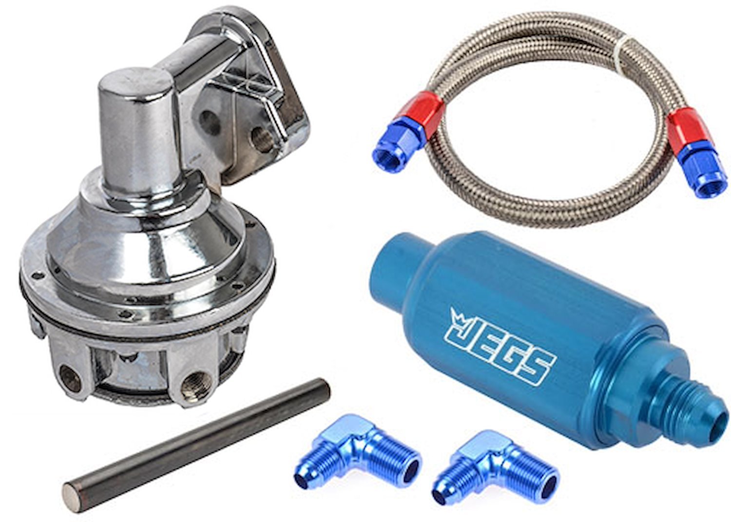 Mechanical Fuel Pump & Installation Kit for Small Block Chevy 265-283-327-350-400 [110 gph, Blue Fittings]