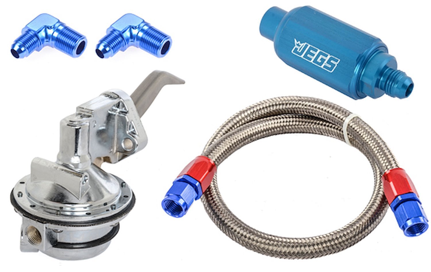 Mechanical Fuel Pump & Installation Kit for Ford 289-302-351W [110 gph, Blue Fittings]