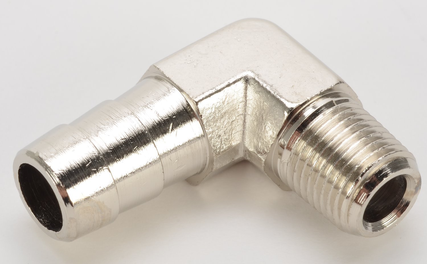 NPT 90-Degree Hose Barb Fitting [1/8 in. NPT to 3/8 in. Hose, Nickel-Plated Brass]