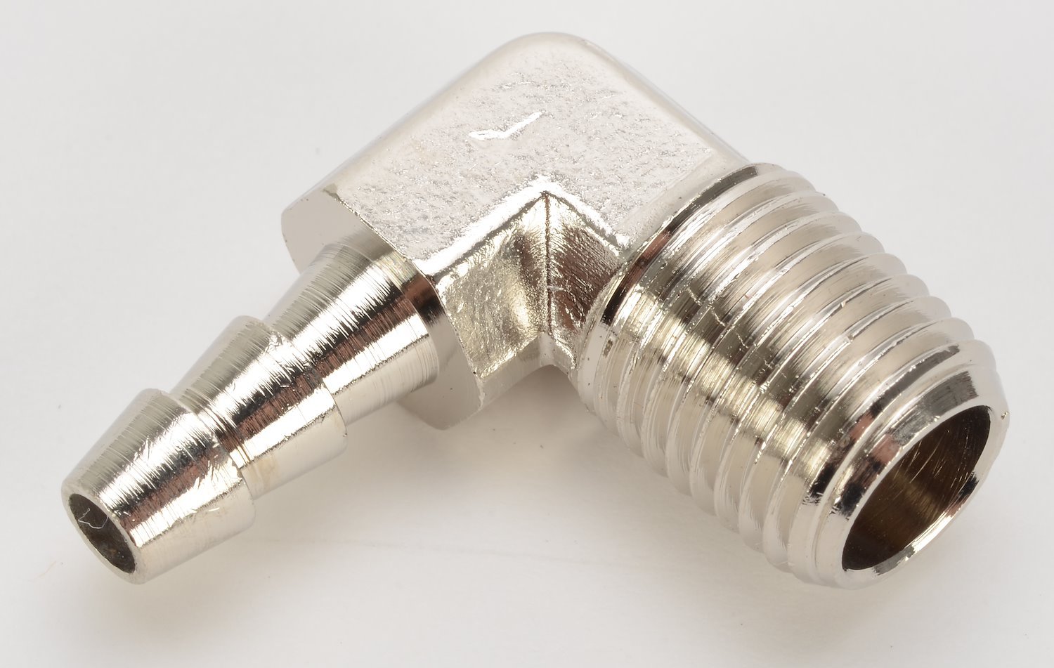 NPT 90-Degree Hose Barb Fitting [1/4 in. NPT to 1/4 in. Hose, Nickel-Plated Brass]