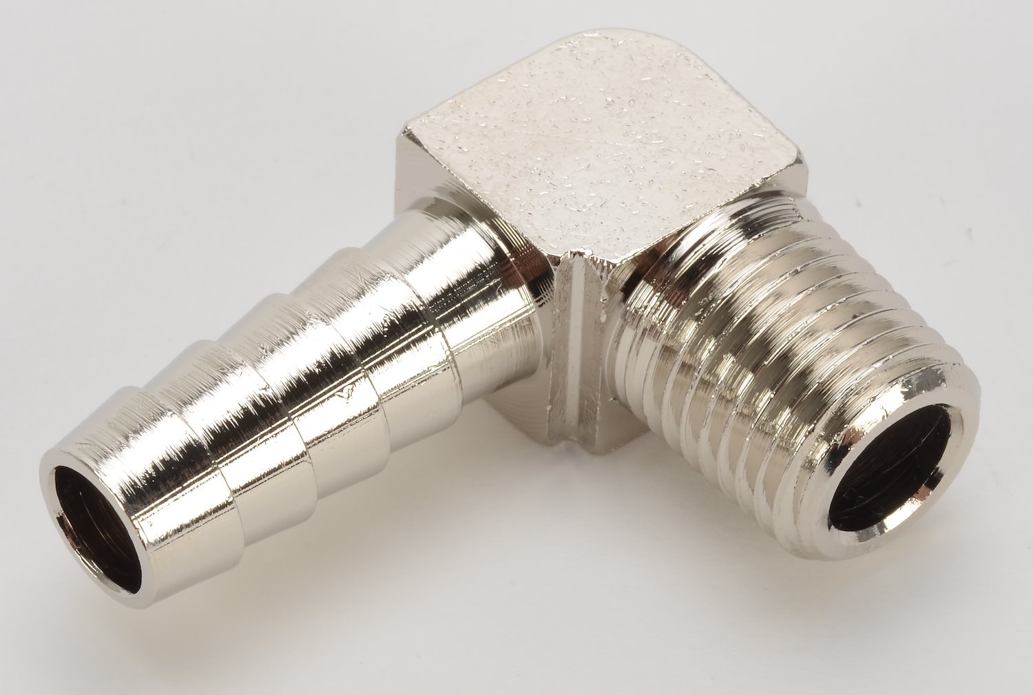 NPT 90-Degree Hose Barb Fitting [1/4 in. NPT to 3/8 in. Hose, Nickel-Plated Brass]