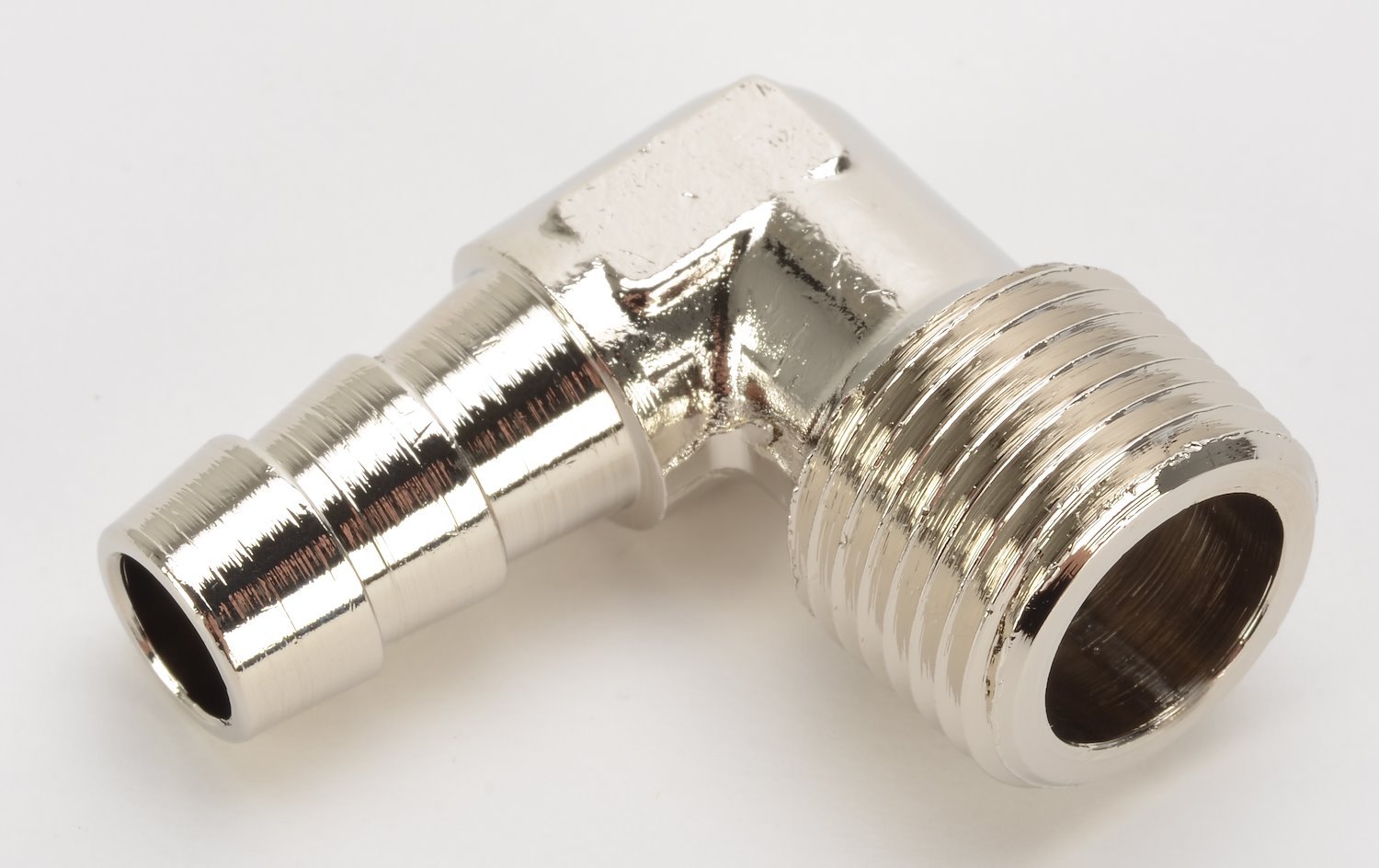 NPT 90-Degree Hose Barb Fitting [3/8 in. NPT to 3/8 in. Hose, Nickel-Plated Brass]