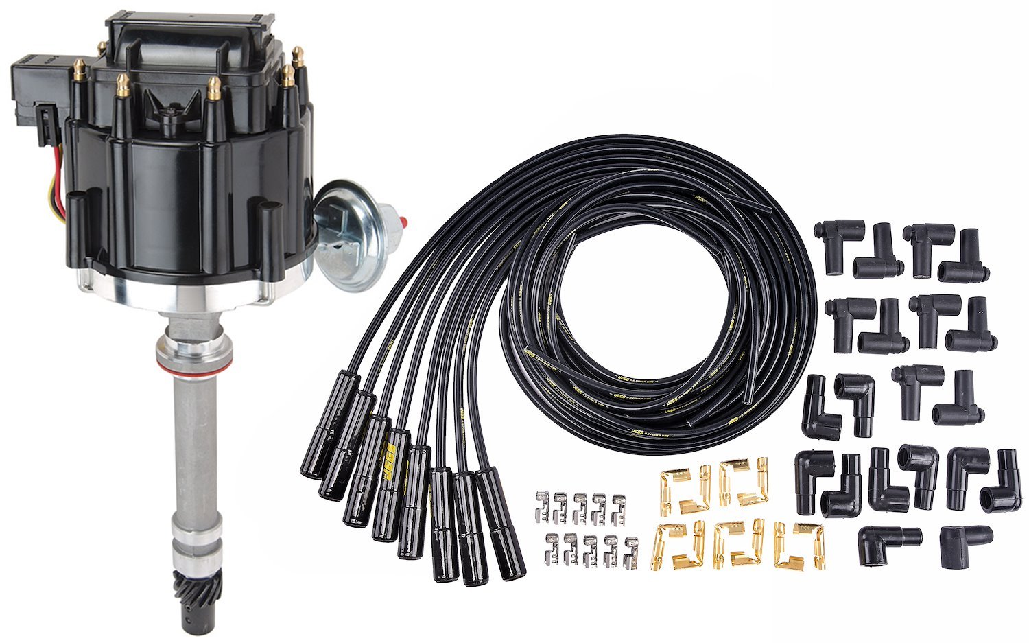 HEI Distributor Kit For Small Block & Big Block Chevy with 8 mm Black HI-Temp Wires & Straight Ceramic Boots