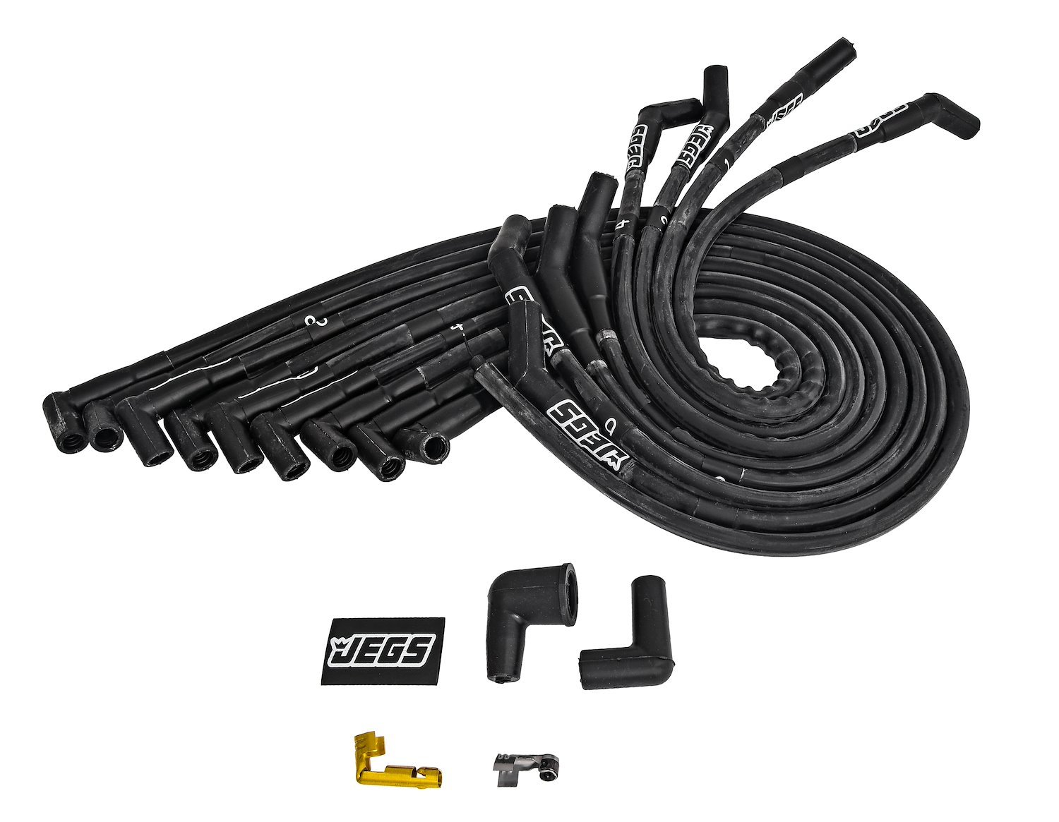 JEGS 555-40291: Hi-Temp Sleeved Spark Plug Wire Set Fits Small Block Ford  260, 289, 302  351W w/HEI Distributor Black Under Header Design  90-degree HEI Distributor Boots