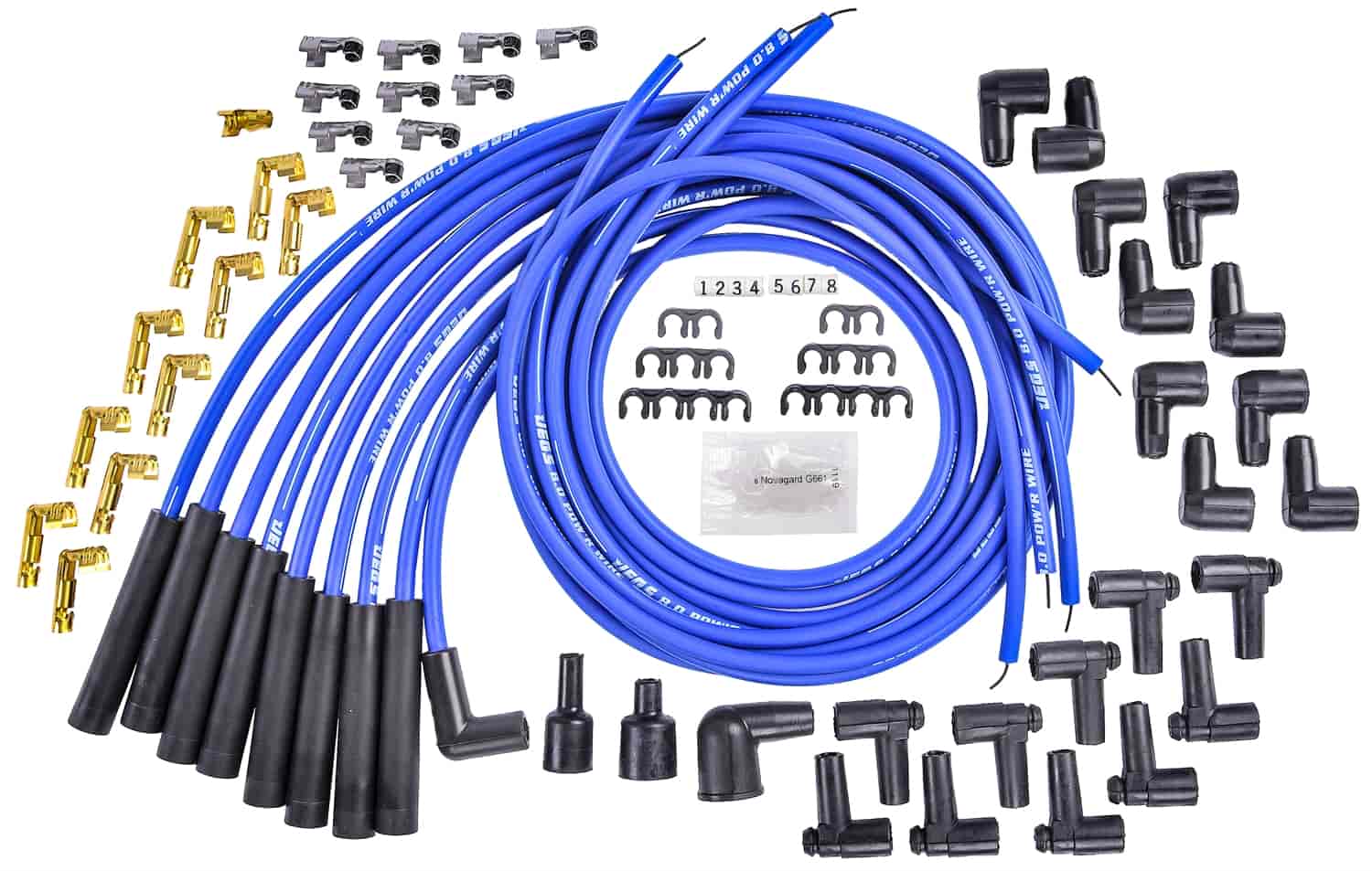 8.0mm Blue Pow'r Wires for Small Block and Big Block Chevy Over Valve Covers or Under Headers and AMC 290-401 V8 with HEI