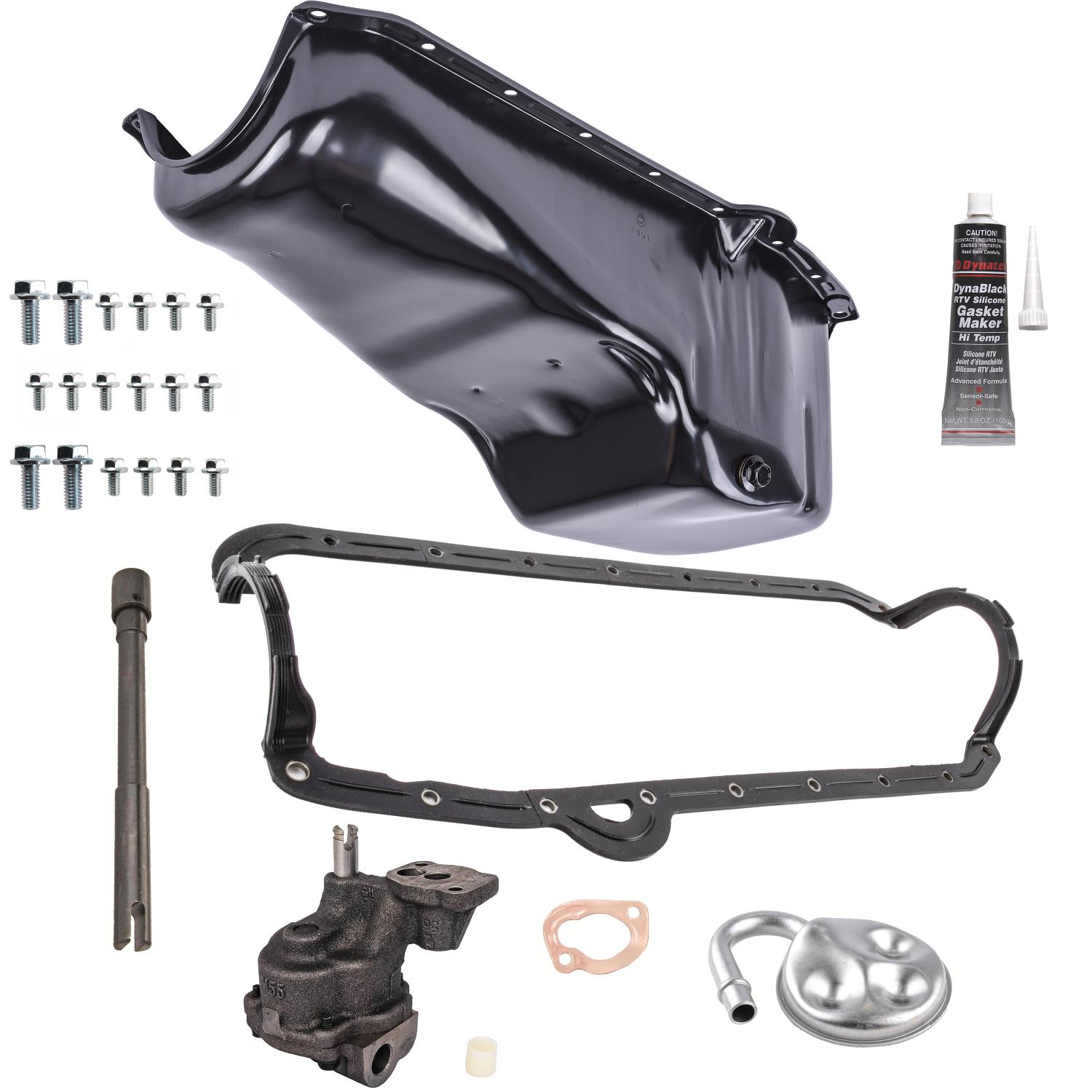 Stock-Style Replacement Oil Pan Deluxe Kit for 1955-1979 Small Block Chevy w/Left Hand Dip Stick [Black]