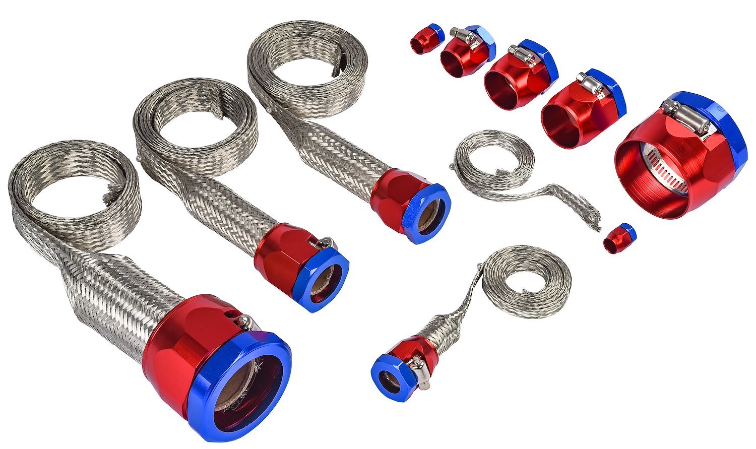 Braided Hose Sleeving Kit with Clamps [Red and Blue Anodized Hose Clamp Covers]