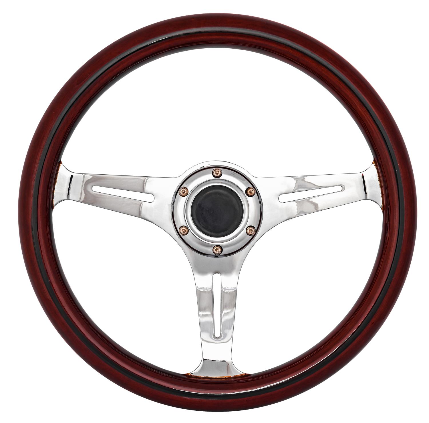 Classic Mahogany Wood Grain Steering Wheel, Chrome Slotted 3-Spoke [14 in. Diameter]