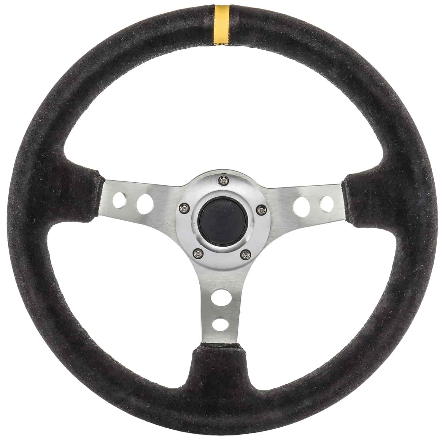 Aluminum Racing Steering Wheel, 13 1/2 in. Diameter, 3 in. Dish [Black Suede Full Wrap Grip with Yellow Center Marker]