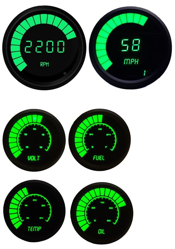 Digital LED Bar Graph 6-Gauge Set with Black Bezel [Green]