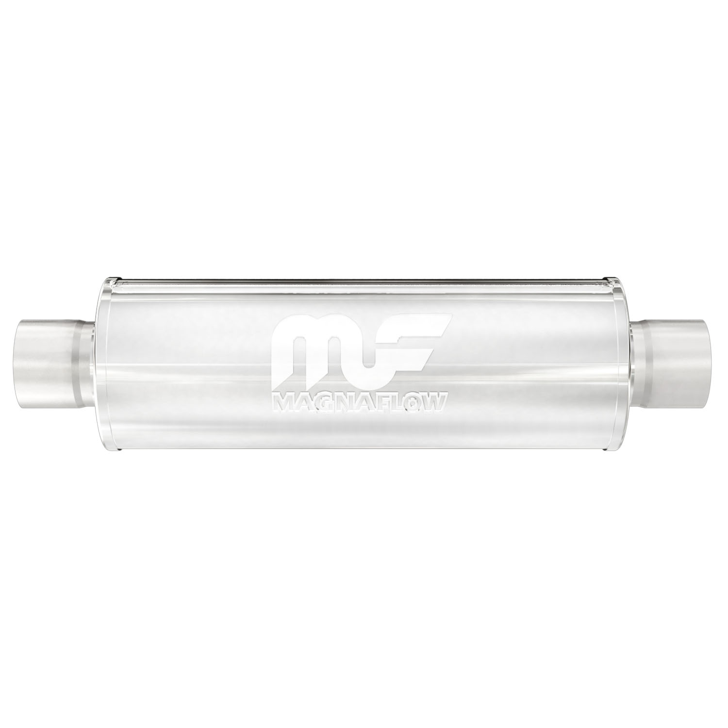 4" Round Muffler Center In/Center Out: 2" Body Length: 14" Overall Length: 20" Core Size: 2.5" Polished Finish