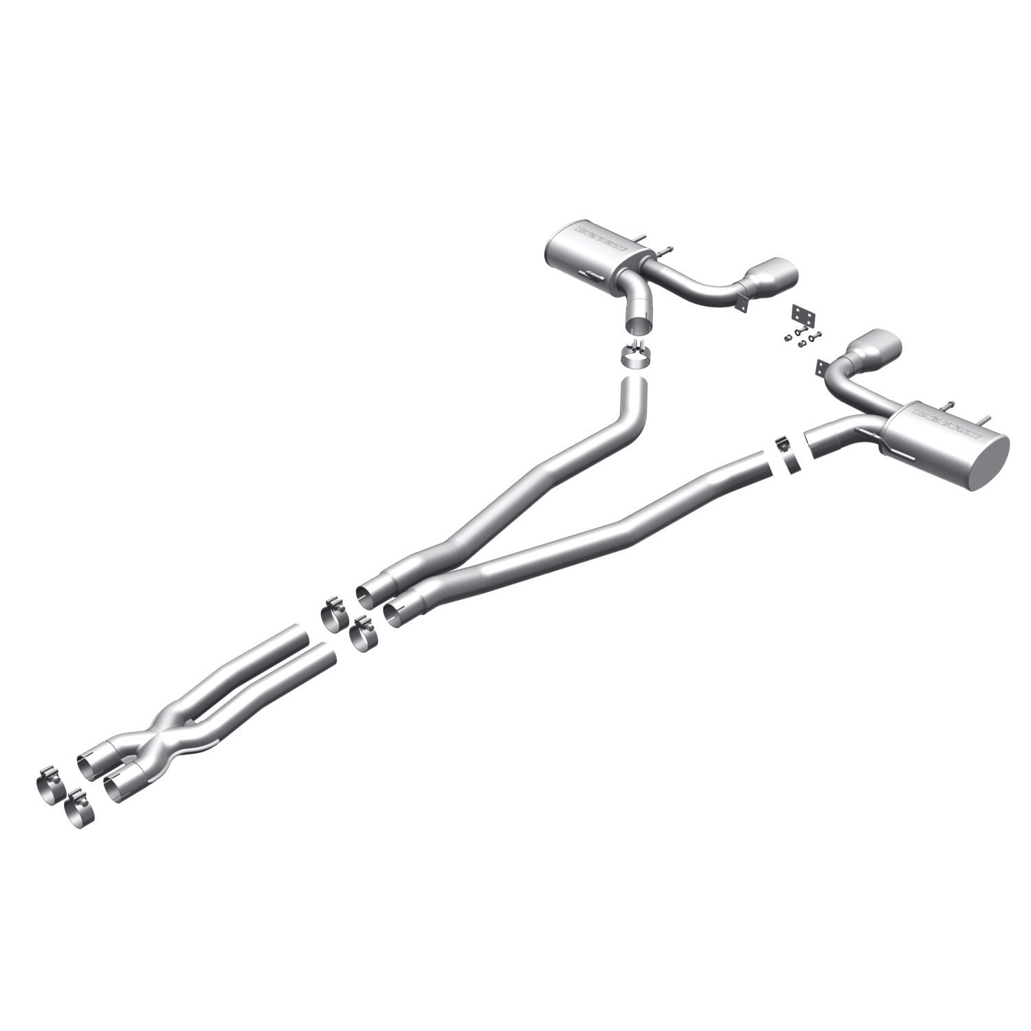 Polished Stainless Tip; 5 x 8 x 14 in Magnaflow Performance Exhaust 15496 Stainless Steel Cat-Back Performance Exhaust System; 2.5 in Tubing; 4 in Muffler; Dual Center Rear Exit; 