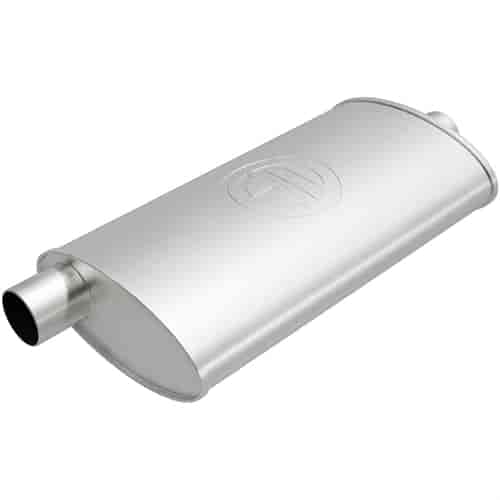 4.5" x 9.75" Oval Body Universal Muffler Offset In/Center Out: 2"/2" Body Length: 17" Overall Length: 23"